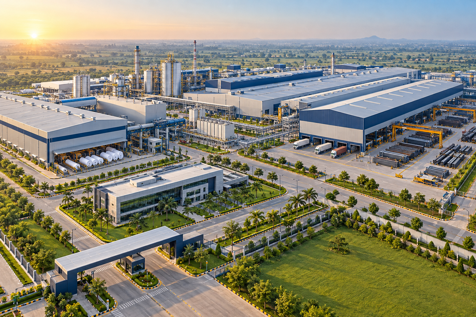 AI-generated illustration of a large modern industrial manufacturing campus