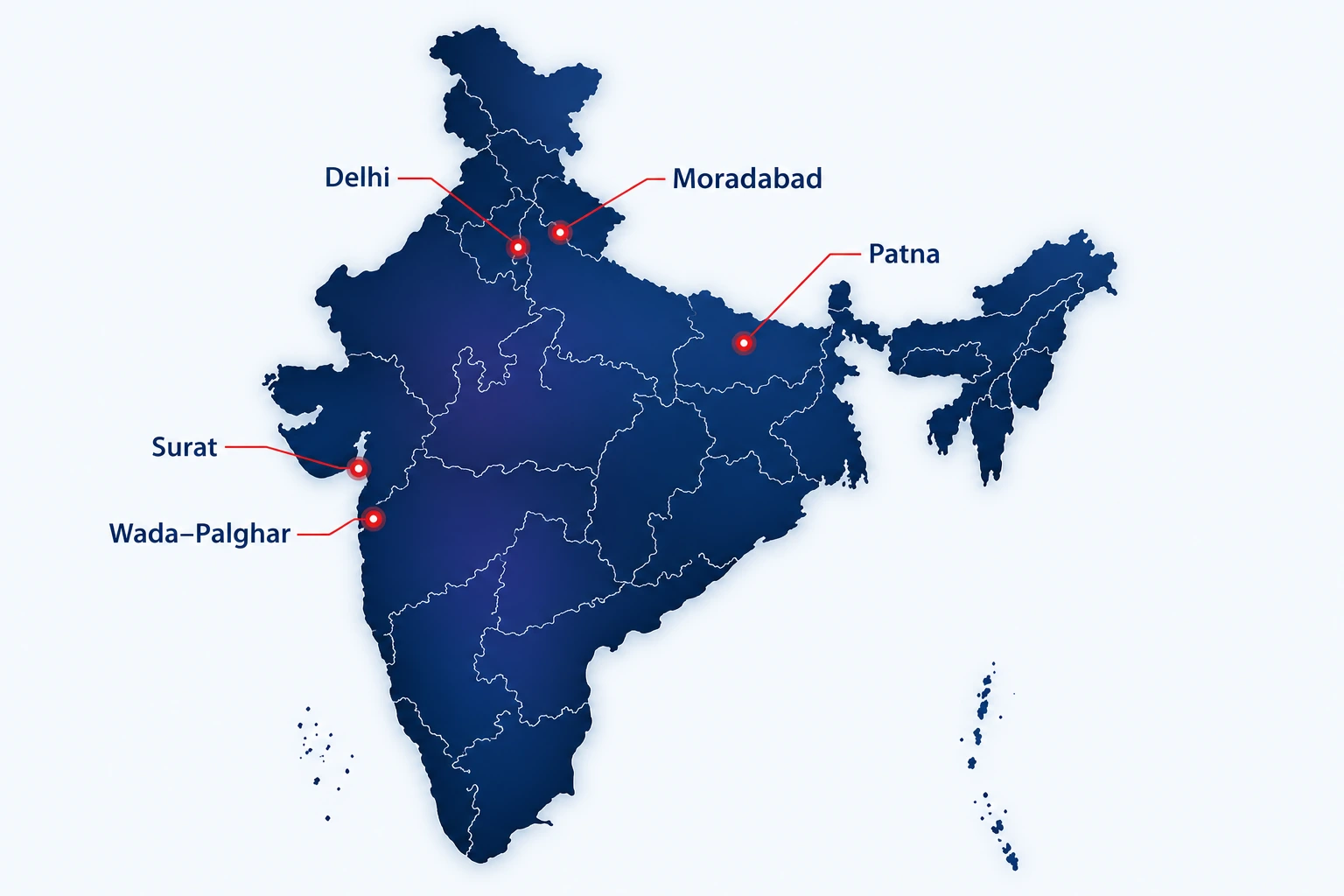 Illustrated India map highlighting Delhi, Moradabad, Patna, Surat and Wada–Palghar