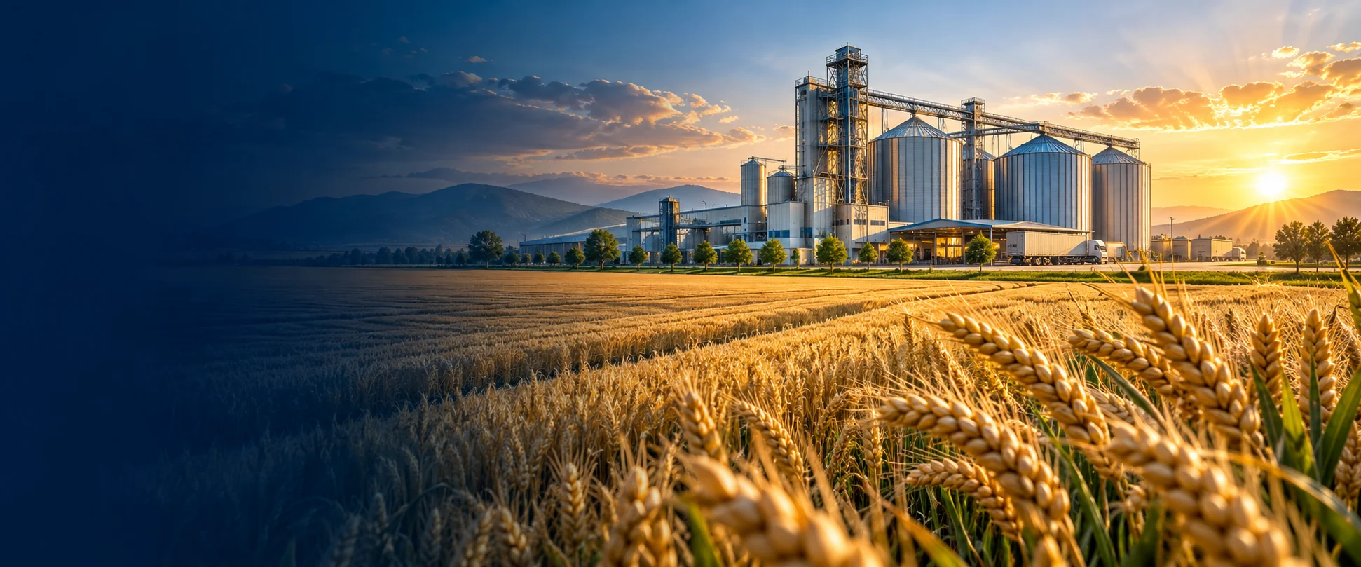 Illustration of agricultural fields and a grain processing facility