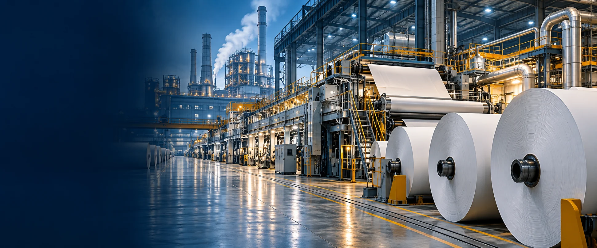Illustration of paper rolls and an integrated paper manufacturing hall