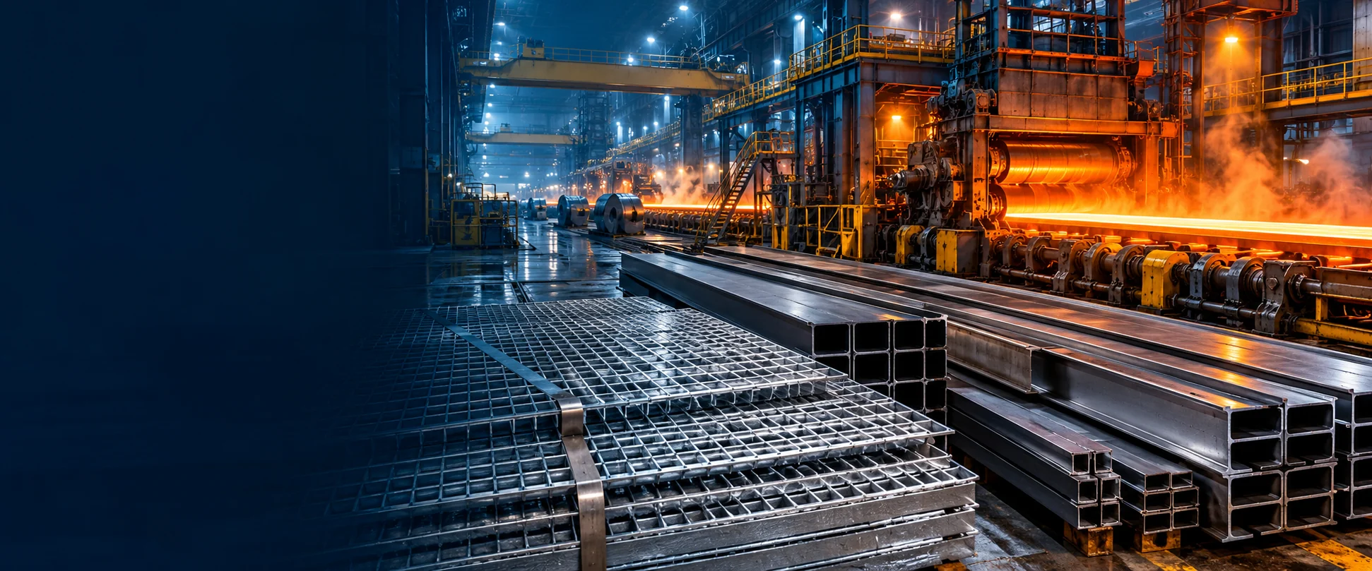 Illustration of a steel rolling mill, steel sections and grating