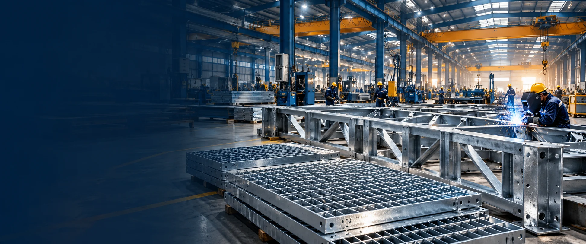 Illustration of galvanized steel structures and a fabrication workshop