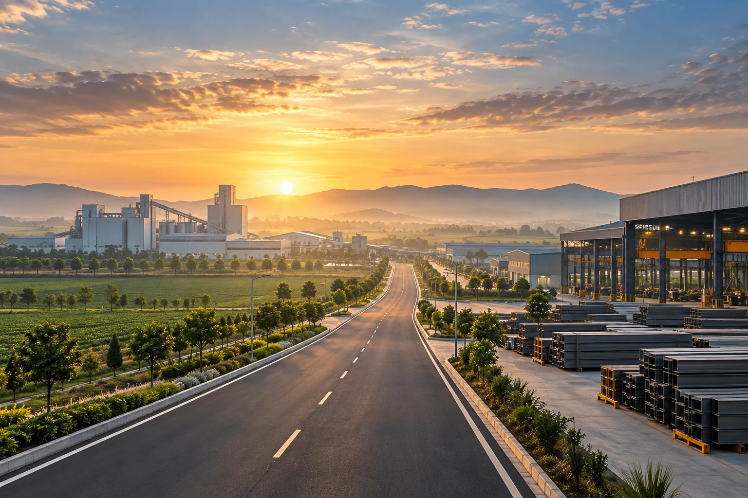 Illustrative industrial landscape with a road leading towards a manufacturing campus at sunrise